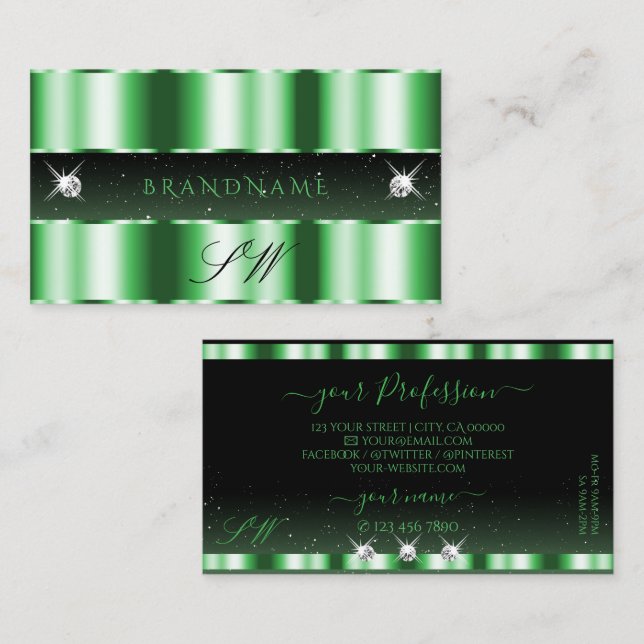 Carte De Visite Luxe Emerald Green Black Sparkle Jewels Initiales (Devant / Derrière)