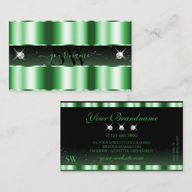 Carte De Visite Luxe Emerald Green Black Sparkle Jewels Monogramme (Devant / Derrière)