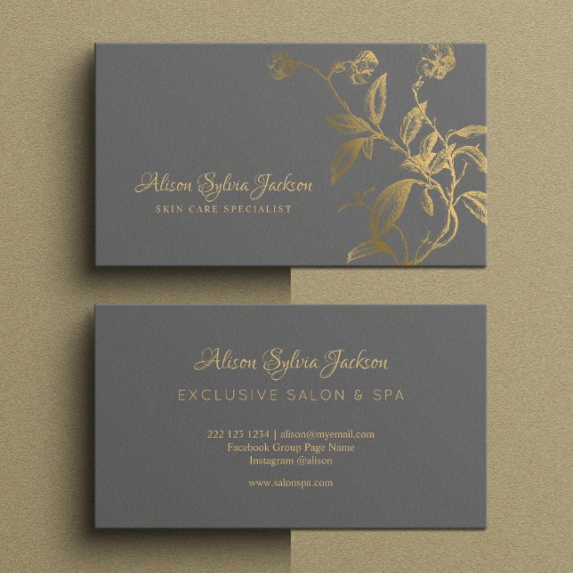 Carte De Visite Luxe fausse feuille or gris foncé élégant (Créateur téléchargé)