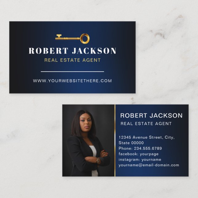 Carte De Visite Luxe Faux Golden Key Realtors Luxe Marine Moderne (Devant / Derrière)