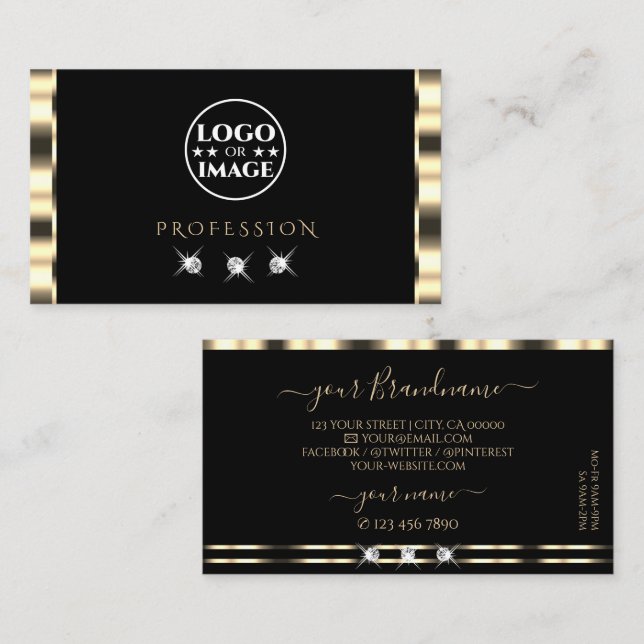Carte De Visite Luxe Glam Gold Black Sparkling Diamonds avec logo (Devant / Derrière)
