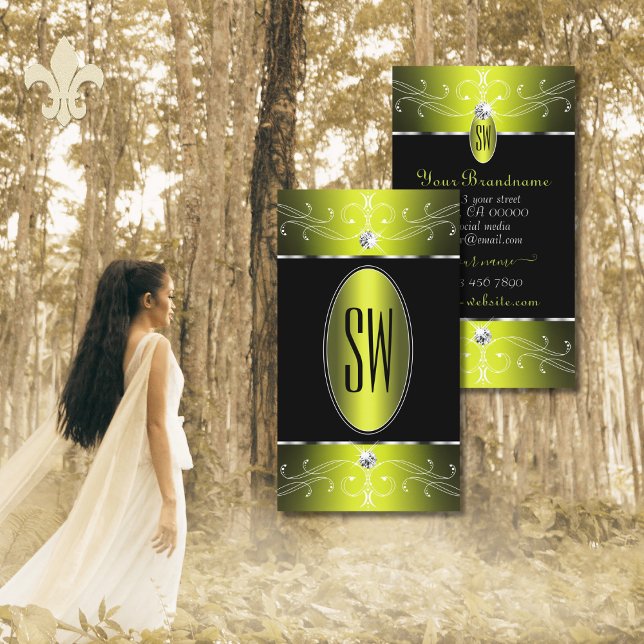 Carte De Visite Luxe Glam Noir Jaune Ornat Ornat Initiales (Créateur téléchargé)