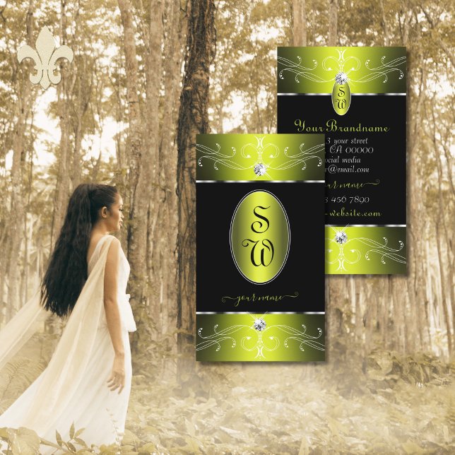 Carte De Visite Luxe Glam Noir Jaune Ornat Ornat Monogramme (Créateur téléchargé)