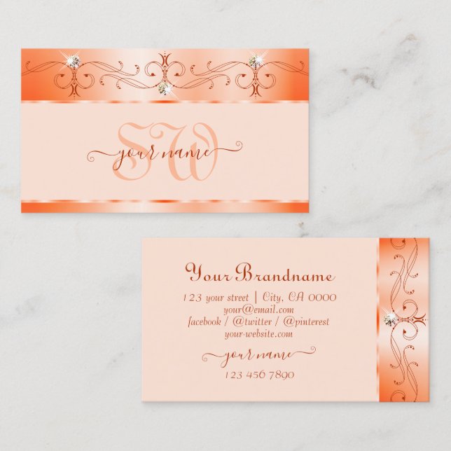 Carte De Visite Luxe Glam Peach Ornate Sparkling Bijoux Monogramme (Devant / Derrière)