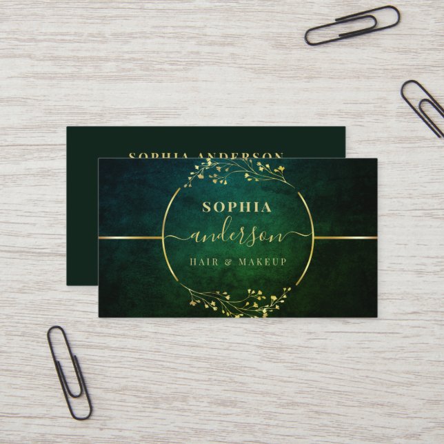 Carte De Visite Luxe Gold Logo Cercle Foliage Signature Script Bus (Devant/Arrière en situation)