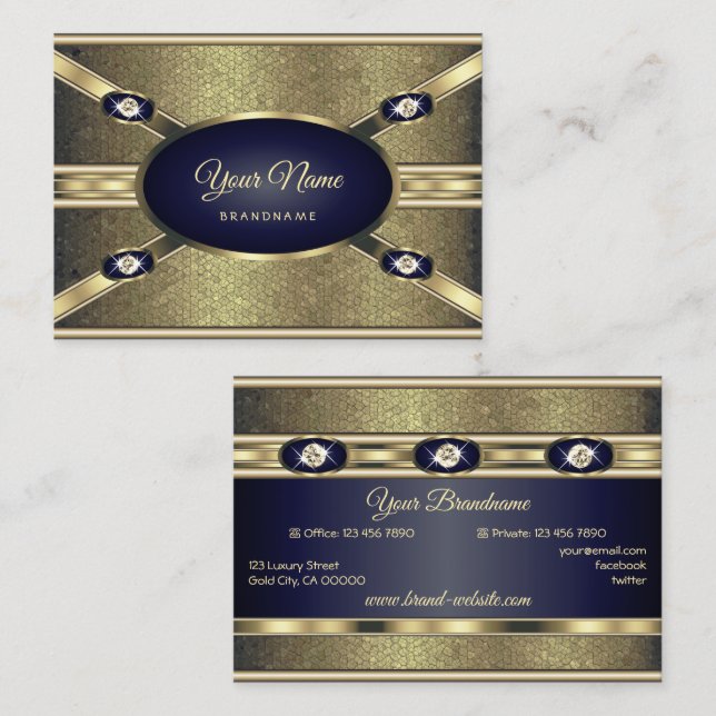 Carte De Visite Luxe Golden Effects Bleu foncé avec Faux Diamants (Devant / Derrière)