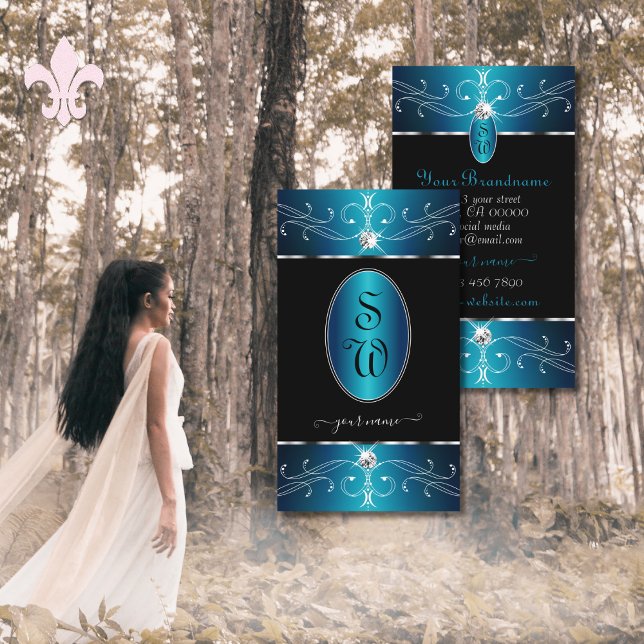 Carte De Visite Luxe Noir Turquoise Bleu Ornat Ornements Initiales (Créateur téléchargé)