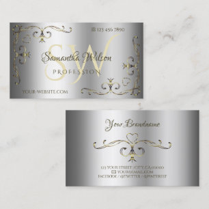 Carte De Visite Luxe Or Ornate Corners Initiales Elégant Argent