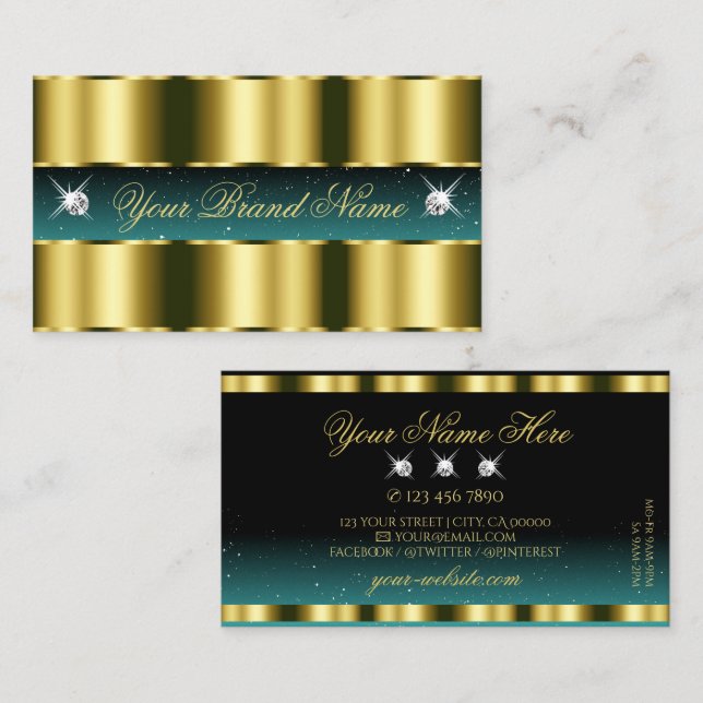 Carte De Visite Luxe Or Turquoise Black Sparkling Diamonds élégant (Devant / Derrière)