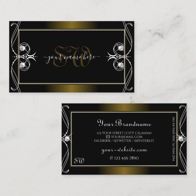 Carte De Visite Luxe Ornate Black Golden Sparkle Bijoux Monogramme (Devant / Derrière)