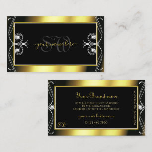 Carte De Visite Luxe Ornate Black or étincelante Bijoux Monogramme