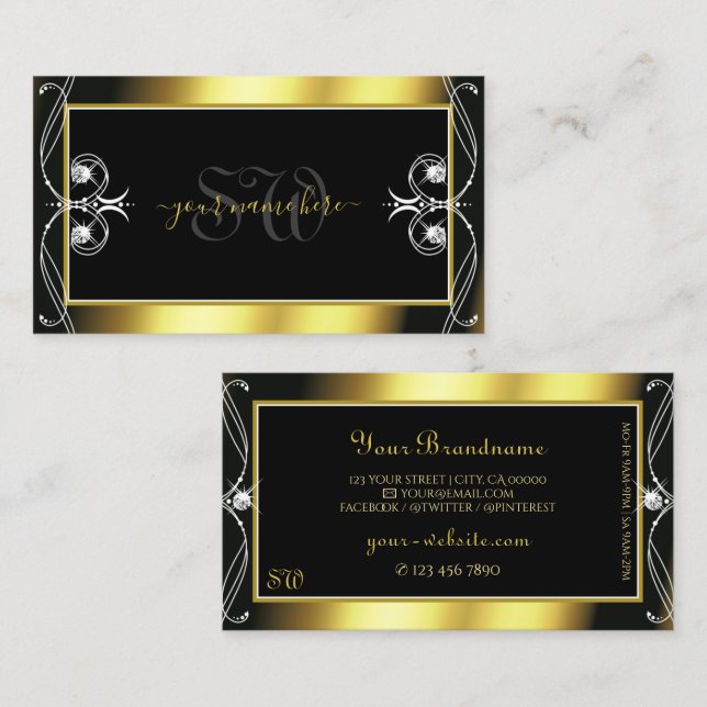 Carte De Visite Luxe Ornate Black or étincelante Bijoux Monogramme (Devant / Derrière)