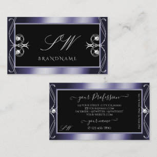 Carte De Visite Luxe Ornate Bleu Bleu Éperche Diamants Monogramme