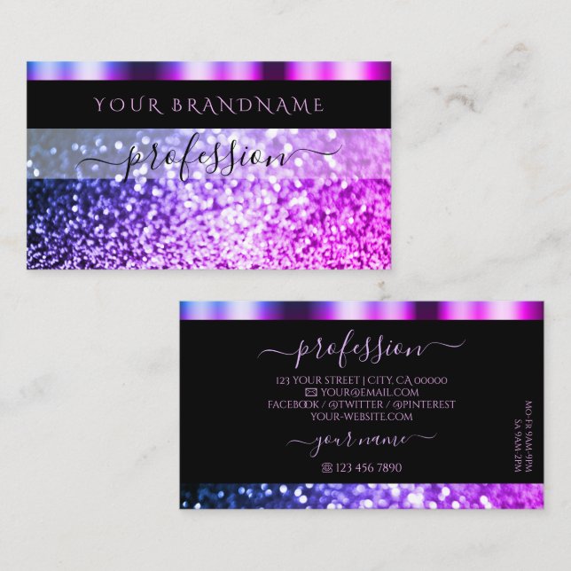 Carte De Visite Luxe Parties scintillant rose violet noir brillant (Devant / Derrière)