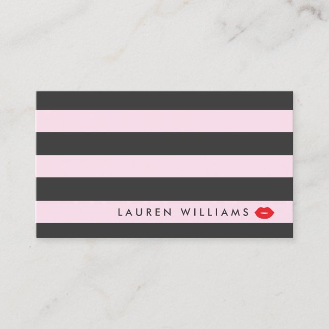Carte De Visite Luxe Pink/Grey Stripes Rouge Lips Artiste maquilla (Devant)