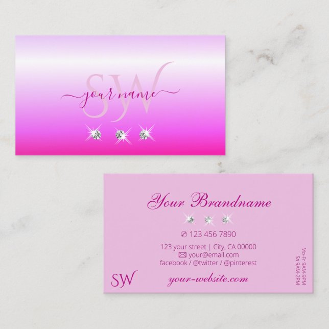 Carte De Visite Luxe Pink Ombre Sparkling Diamonds Initiales Luxe (Devant / Derrière)