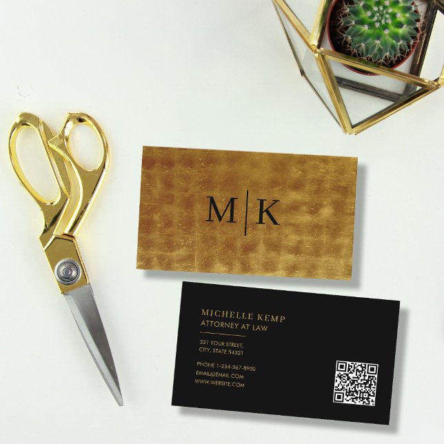 Carte De Visite Luxe professionnel QR Code Monogramme Black Gold (Créateur téléchargé)