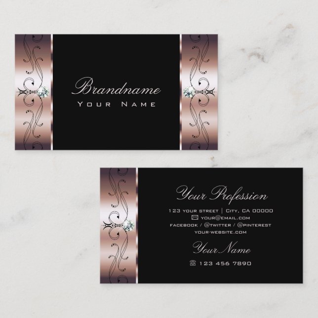 Carte De Visite Luxe Rose Or noir Squigglé Bijoux ornementaux (Devant / Derrière)