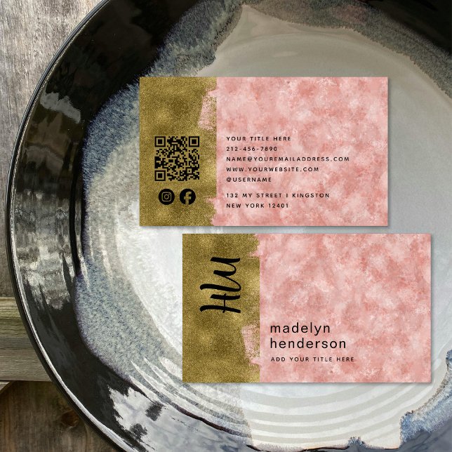 Carte De Visite Luxe Rose Quartz Gold Brush QR Code Médias sociaux (Créateur téléchargé)