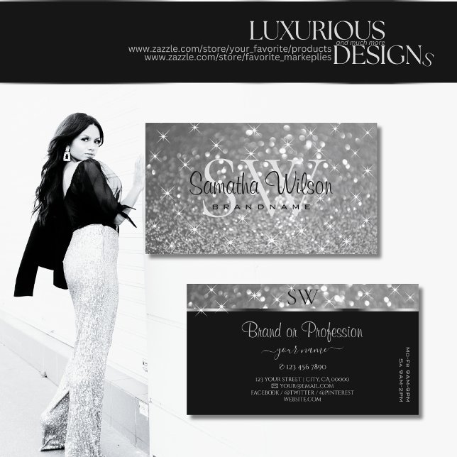 Carte De Visite Luxueuse Parties scintillant Argent Étoiles Lumine (Créateur téléchargé)