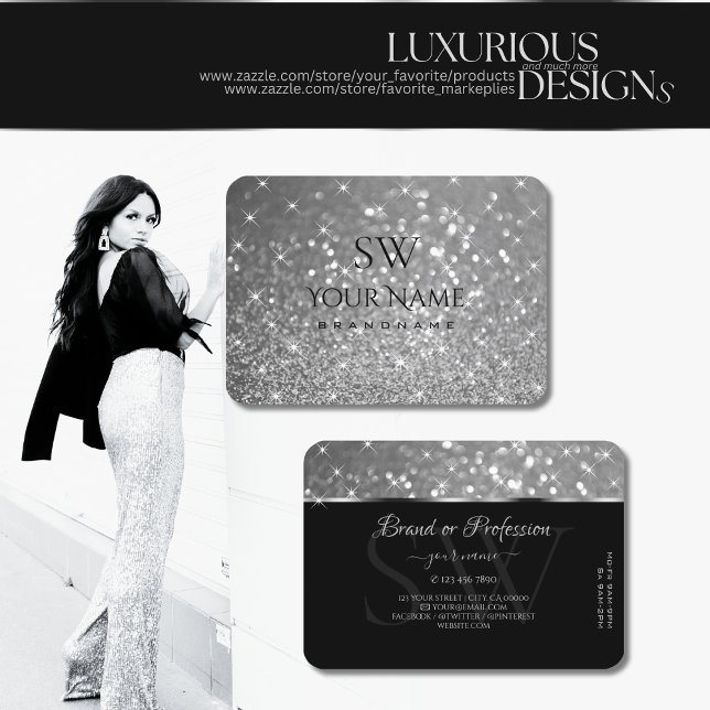 Carte De Visite Luxueuse Parties scintillant Argent Étoiles Lumine (Créateur téléchargé)