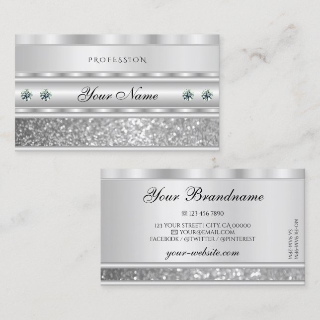 Carte De Visite Luxueuse Parties scintillant étincelante en argent (Devant / Derrière)