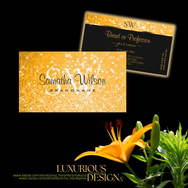 Carte De Visite Luxueuse Parties scintillant orange Étoiles lumine (Créateur téléchargé)
