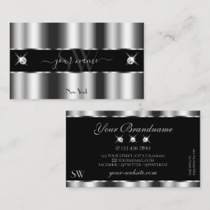 Carte De Visite Luxueux Argent Noir Joyaux Étincelants Initiales