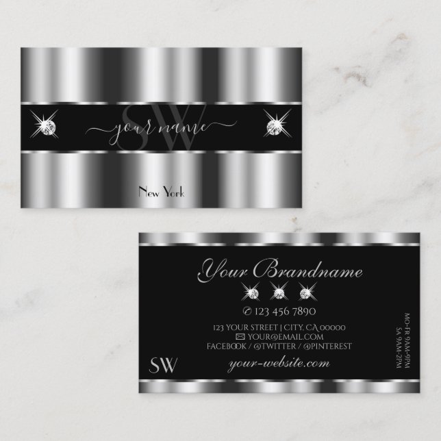 Carte De Visite Luxueux Argent Noir Joyaux Étincelants Initiales (Devant / Derrière)