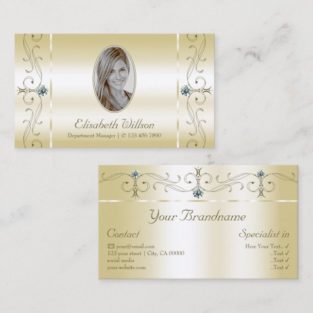 Carte De Visite Luxueux bijoux en or léger squigglé avec photo (Devant / Derrière)
