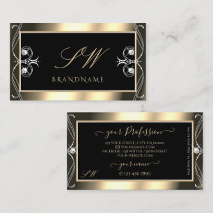 Carte De Visite Luxueux Diamants Étincelants Noir Or Monogramme
