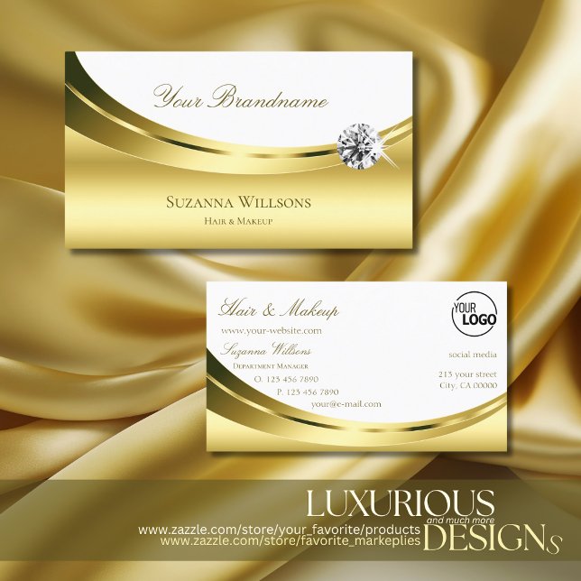 Carte De Visite Luxueux Gold White avec logo et diamant étincelant (Créateur téléchargé)