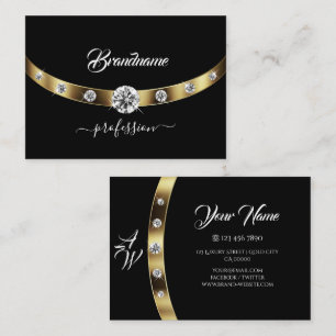 Carte De Visite Luxueux Monogramme Or et Noir Faux Rhinestones