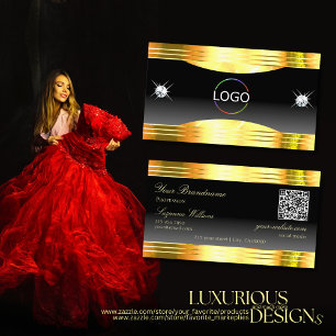 Carte De Visite Luxueux noir Ombre Gold Borders Logo QR Code