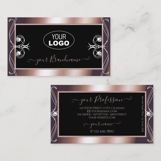 Carte De Visite Luxueux Rose noir or bijoux étincelants avec logo (Devant / Derrière)