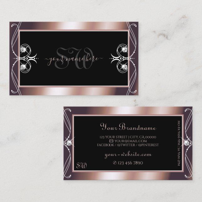 Carte De Visite Luxueux Rose noir or étincelant Bijoux Monogramme (Devant / Derrière)