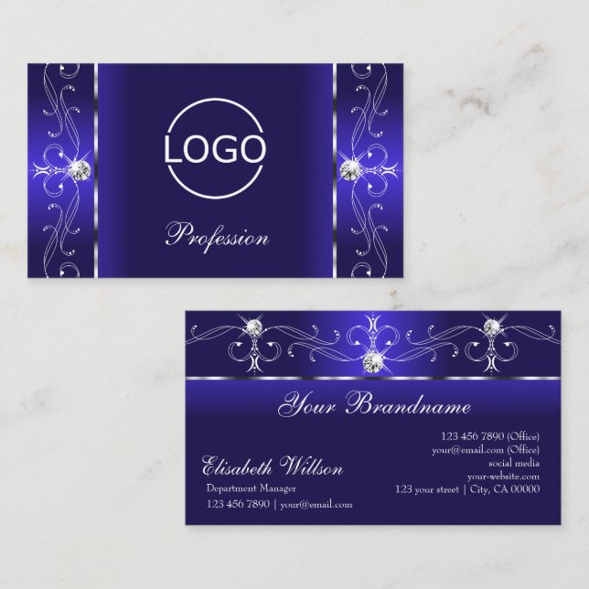 Carte De Visite Luxueux Royal Blue Squiggled Bijoux avec logo (Devant / Derrière)