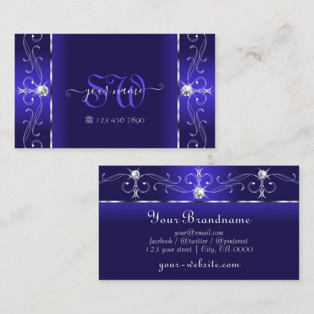 Carte De Visite Luxueux Royal Blue Squiggled Jewings et Monogramme (Devant / Derrière)