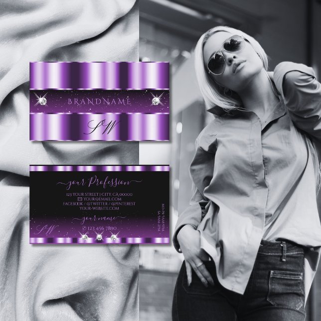 Carte De Visite Luxueux violet noir étincelant diamants Monogramme (Créateur téléchargé)