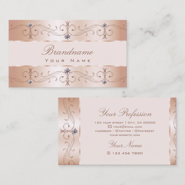 Carte De Visite Luxurieux Rose Gold Ornate Border Jewels (Devant / Derrière)