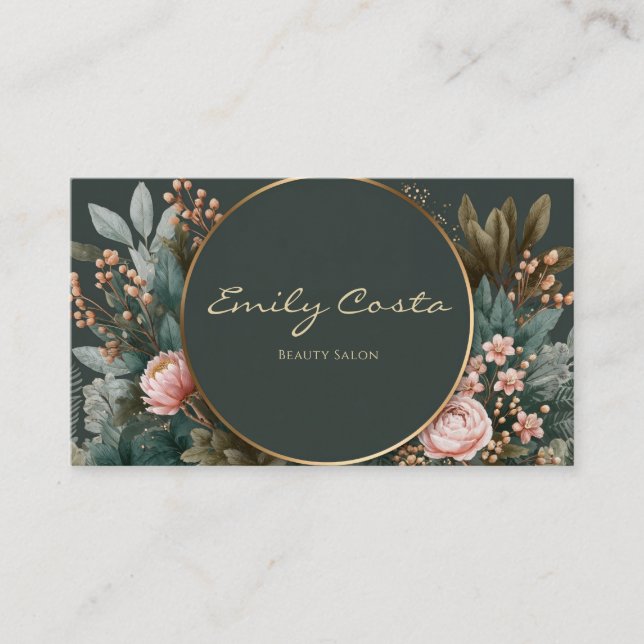 Carte De Visite Luxurious Emerald Floral Gold Circle Blush Berry (Devant)