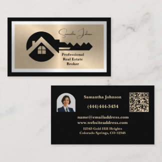 Carte De Visite Luxury Black and Gold QR Code Photo Real Estate 