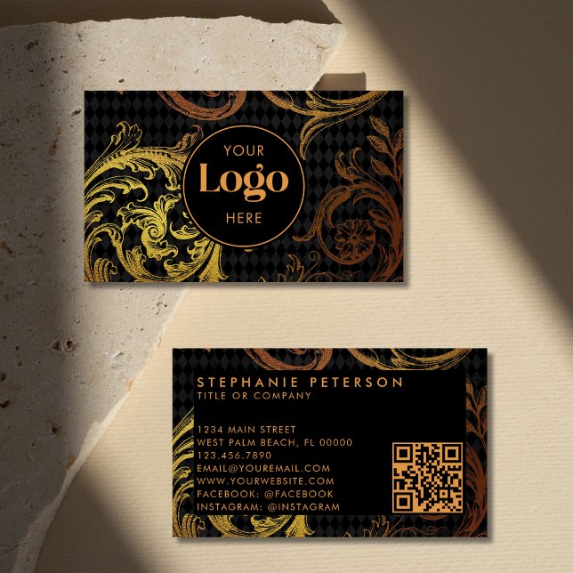 Carte De Visite Luxury Black & Gold Baroque Custom Logo QR Code (Créateur téléchargé)