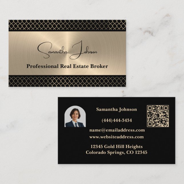 Carte De Visite Luxury Black & Gold QR Code/Photo Real Estate  (Devant / Derrière)