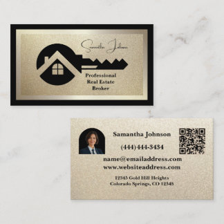 Carte De Visite Luxury Black & Gold QR Photo Real Estate 