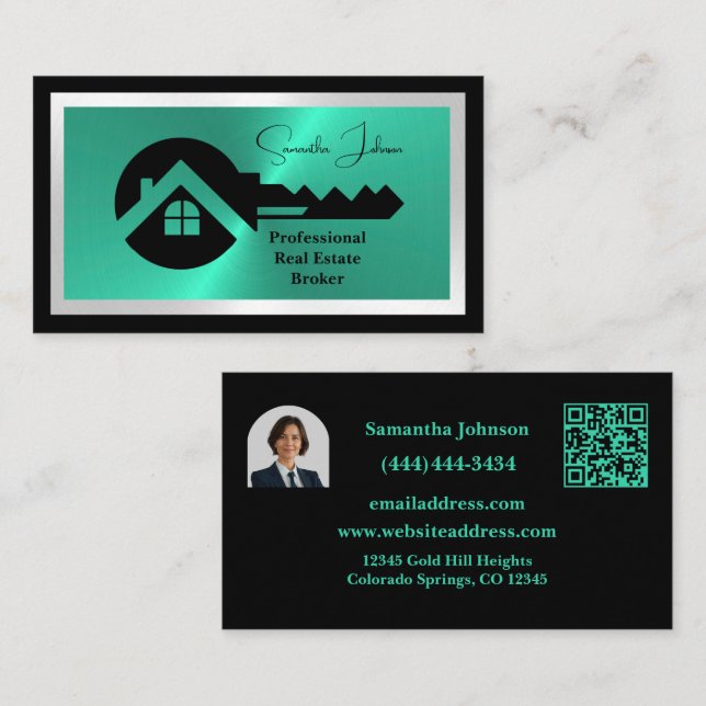 Carte De Visite Luxury Black & Turquoise QR Code Photo Real Estate (Devant / Derrière)