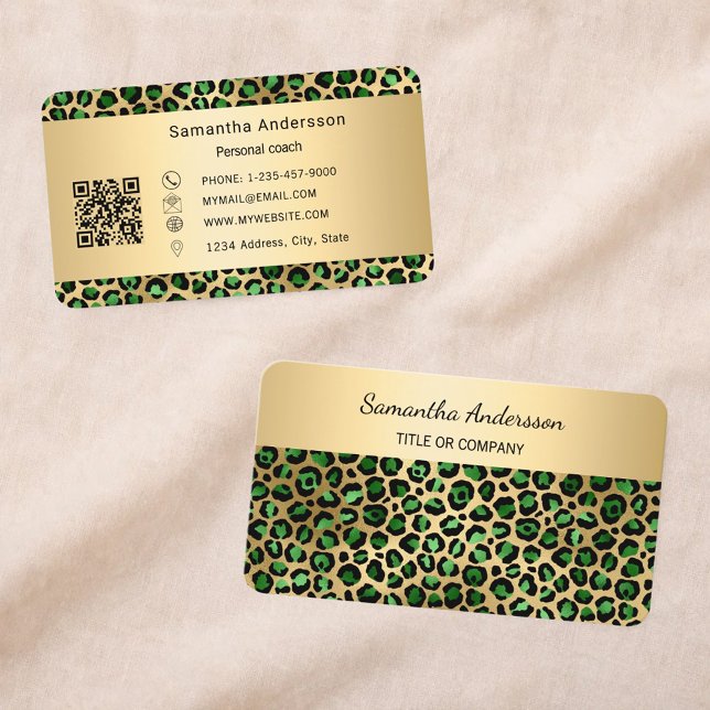 Carte De Visite Luxury Emerald Green Gold Leopard Print QR Code (Créateur téléchargé)