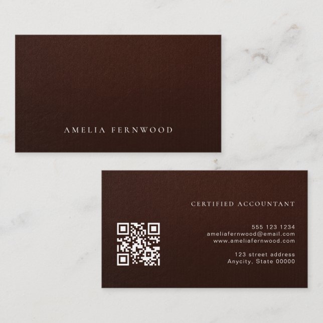 Carte De Visite Luxury Faux Leather Certified Accountant QR Code (Devant / Derrière)