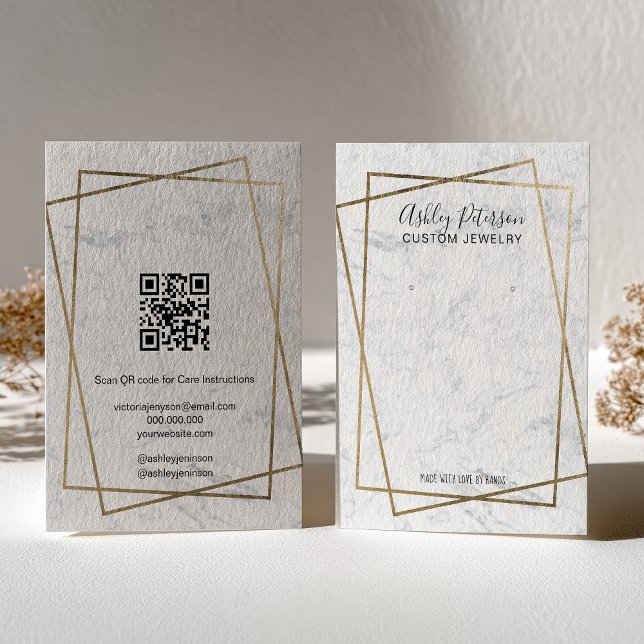 Carte De Visite Luxury Gold White Marble QR code Earring Display (Luxury Gold White Marble QR code Earring Display Business Card)