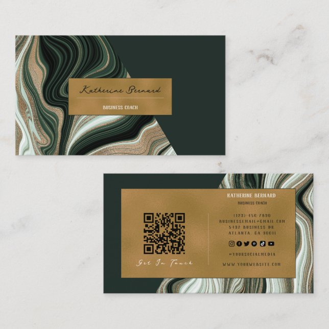 Carte De Visite Luxury Green and Gold Marble Business Coach Card (Devant / Derrière)